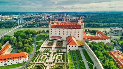 Aerial view of Bratislava Castle and city skyline on a summer afternoon