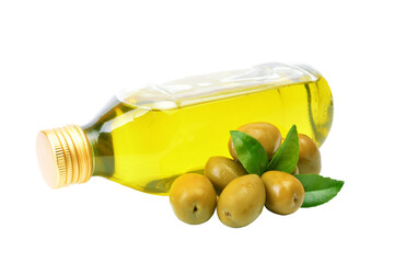 Bottle of oil with olives isolated