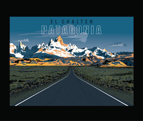 el chalten patagonia vector illustration, realistic mountain vector, patagonia landscape vector drawing, mountain vector art for calendar, poster, print  
