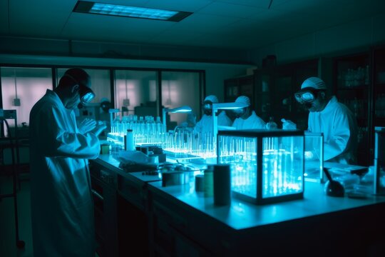 Laboratory with rows of scientists in protective gear conducting experiments, seems to emanate a radioactive glow. Hazards signs warn of radiation throughout the sterile white lab space. Generative AI