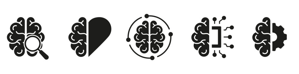 Artificial Intelligence Glyph Symbol on White Background. Tech Science, Brainstorm, Knowledge Black Silhouette Icon. Human Brain and AI Solid Pictogram Collection. Isolated Vector Illustratio