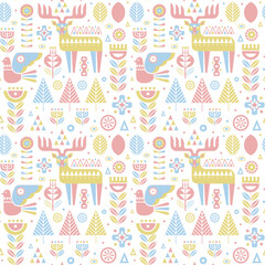 Folk Animals Plants and Flowers in Nordic Pattern