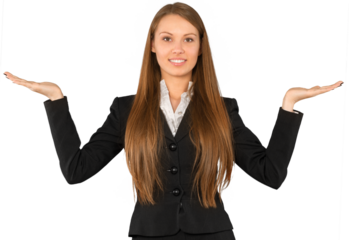 Young Businesswoman Standing with Open Arms and Holding Invisible Object - Isolated