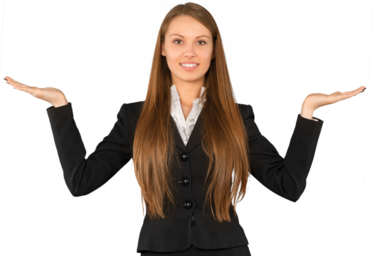 Young Businesswoman Standing with Open Arms and Holding Invisible Object - Isolated - Powered by Adobe
