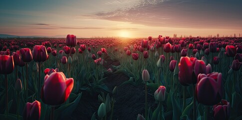 Fototapeta na wymiar Tulip flower field on beautiful sunset landscape. Generative AI