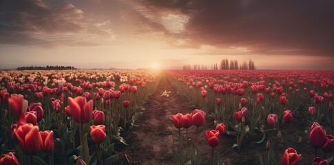 Tulip flower field on beautiful sunset landscape. Generative AI