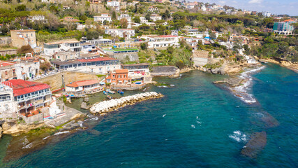 Aerial view of the seaside village of Marechiaro which is located in the Posillipo district of...