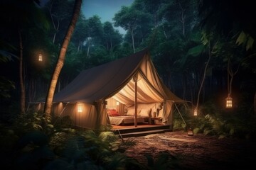 Glamping tent forest. Generate Ai