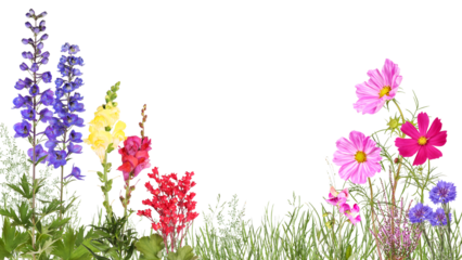 Meadow with delphinium, snapdragons, cosmos flowers, cornflower and others
