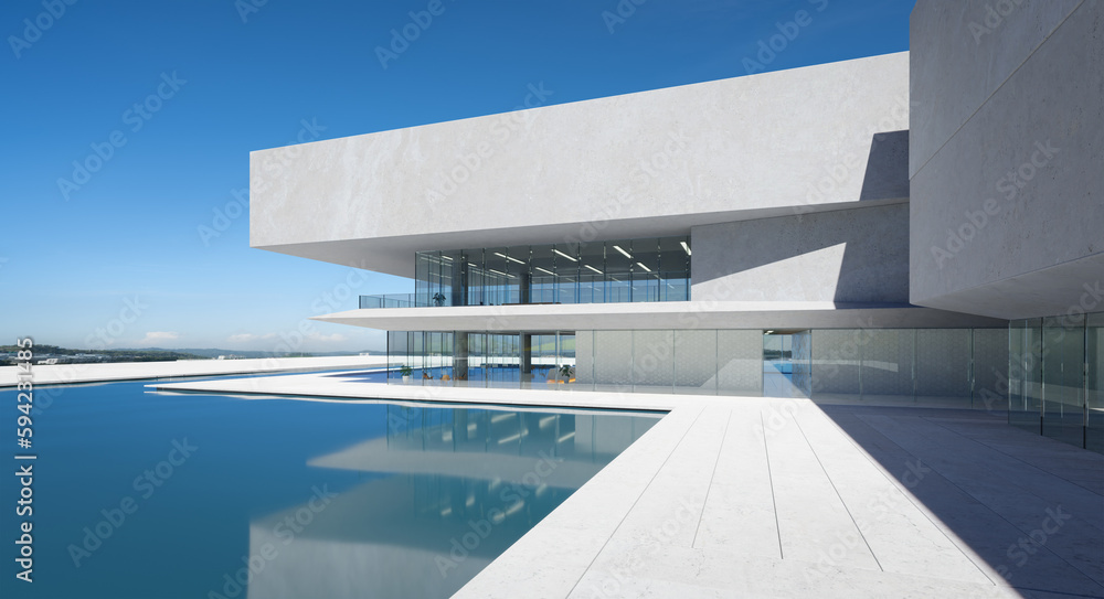 Poster 3d modern architecture with a pool