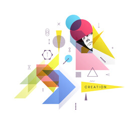 Art composition. Abstract transparency geometrical background. Digital human head constructing from dots. Cover design template for presentation, banner, flyer, poster or brochure. 3D vector.