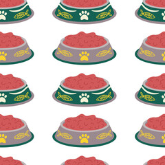 Pattern with bowl with food for animals, cats, dogs with a paw, fish.