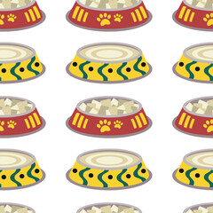 Pattern with bowl with food for animals, cats, dogs with a paw, fish.