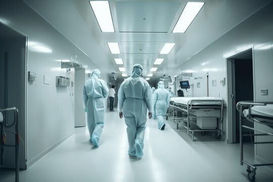 DOCTORS IN THE CORRIDOR OF A HOSPITAL. AI ILLUSTRATION. COLOR. HORIZONTAL.