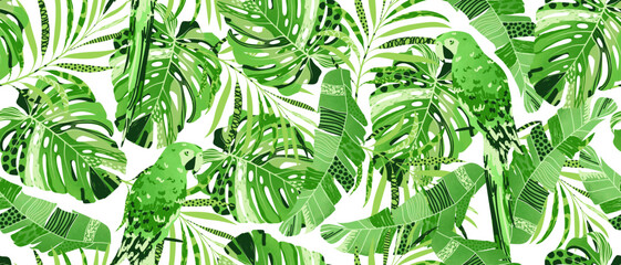 Seamless pattern with green jungle exotic leaves and parrot. Design for wallpaper, fabric and textile print. Repeat endless tropic backdrop.