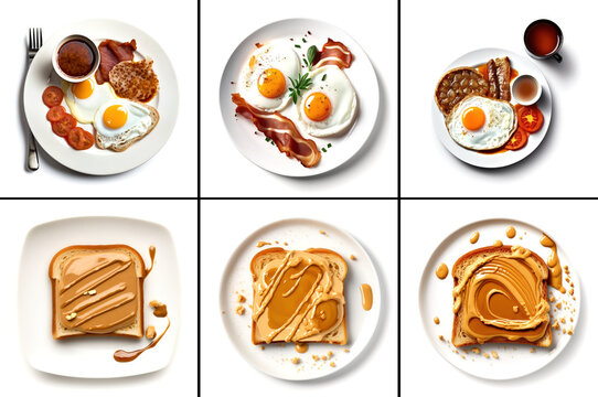 Breakfast bundle set of 6 images featuring eggs, bacon, buttered and peanut butter toast & chocolate spread, capturing the essence of a cozy morning meal. Generative AI © neo