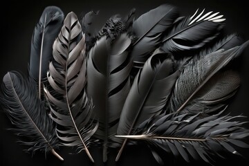 Black feathers. Black feathers realistic stunning Beautiful black colour feathers. Generative AI.