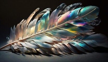 Hologram pastel feathers. Hologram pastel feathers realistic stunning beautiful rainbow colour. Generative AI.