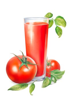 Watercolor illustration of a tomato juice in a transparent glass isolated on white background. Generative AI.