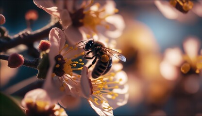 Fototapeta na wymiar Magnification macro photography bees picking flowers. Generative AI.
