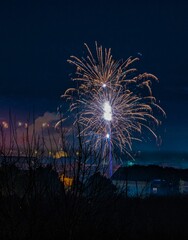 Vertical shot of fireworks in a foggy night sky. Italy