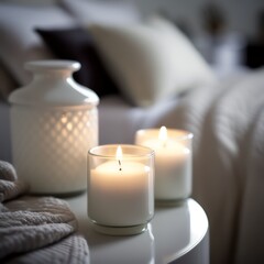 Fototapeta na wymiar Candles in jars bedroom interior hyper realistic. Peaceful concept. Generative AI.