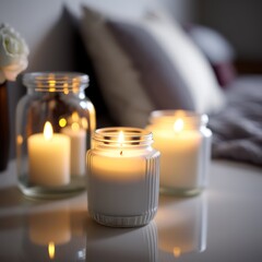 Candles in jars bedroom interior hyper realistic. Peaceful concept. Generative AI.