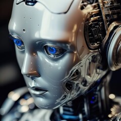 Close up view of a humanoid robot face. Humanoid. Generative AI.