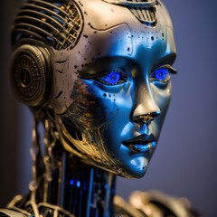 Close up view of a humanoid robot face. Humanoid. Generative AI.