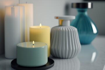 Fototapeta na wymiar Candles in jars bedroom interior hyper realistic. Peaceful spa concept. Generative AI.