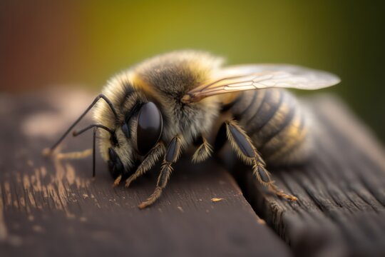 Macro photograph of a dead bee resting on a plank. Dead bee. Generative AI.