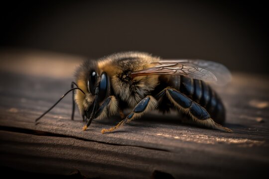 Macro photograph of a dead bee resting on a plank. Dead bee. Generative AI.