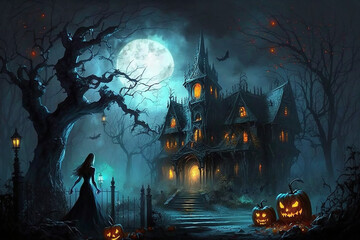 Spooky halloween haunted house with full moon and jack-o-lanterns. Generative AI