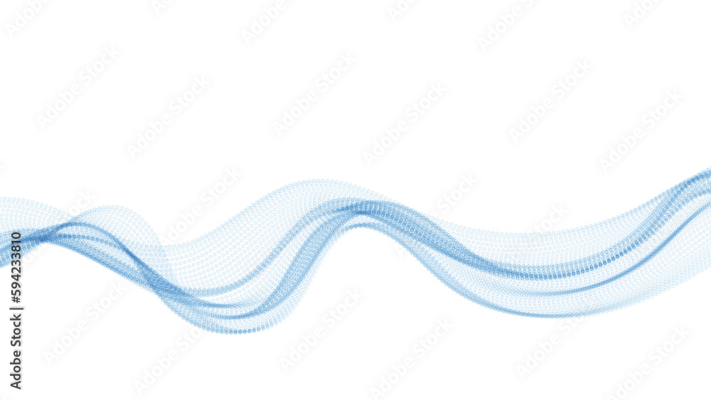 Poster wave blue line flowing particles abstract vector background, smooth curved fluid array dots shape.