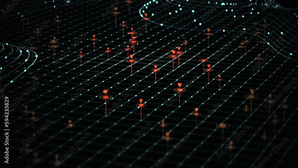 Poster 3d rendered animation of location pins on the empty map on dark background