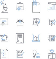 Record processing line icons collection. Sorting, Indexing, Inputting, Exporting, Archiving, Storing, Retrieval vector and linear illustration. Validation,Deduplication,Filtering outline signs set