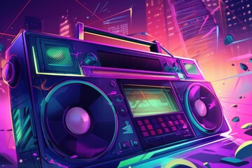 Colorful 1980s Boombox Illustration in Neon Style - obrazy, fototapety, plakaty