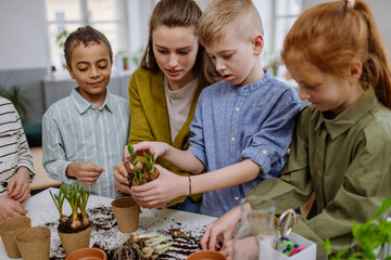 Young teacher learning pupils how to take care about plants.