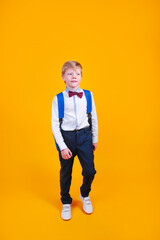 Clever young boy with backpack going at school on yellow studio background