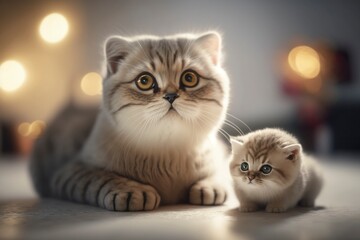 adorable mother and kitten cat with a background in a living room with natural light,animal family,love concept, dept of field,Generative AI