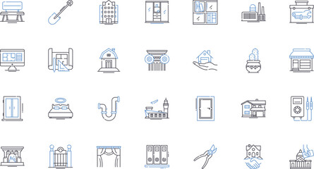 Warehouse construction line icons collection. Storage, Pallets, Materials, Loading, Unloading, Racking, Forklift vector and linear illustration. Boxes,Distribution,Logistics outline signs set
