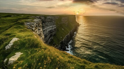 Sunset on Irish cliff on the ocean. Created using generative AI