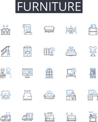 Furniture line icons collection. Chair, Table, Sofa, Cabinet, Cabinetmaker, Piece, Furnishings vector and linear illustration. Settee,Armchair,Loveseat outline signs set