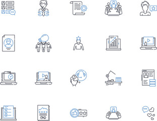 Writing blog line icons collection. Creativity, Inspiration, Clarity, T, Consistency, Structure, Grammar vector and linear illustration. Vocabulary,Authenticity,Engagement outline signs set