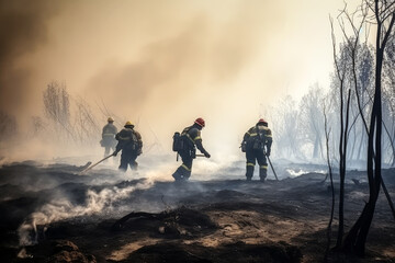 Generative AI Illustration of a group of firefighters putting out a fire in a forest surrounded by flames and smoke