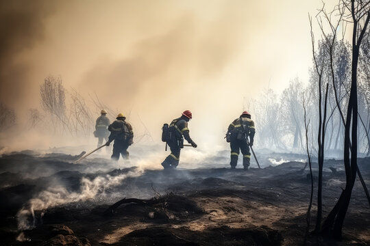 Generative AI Illustration of a group of firefighters putting out a fire in a forest surrounded by flames and smoke
