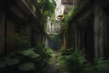 Fototapeta na wymiar Post Apocalyptic Abandoned Alley - generative ai