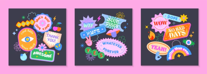 Deurstickers Vector set of cute funny templates with patches and stickers in 90s style.Modern symbols in y2k aesthetic with text.Trendy acid designs for banners,social media marketing,branding,packaging,covers © Xenia Artwork 