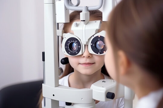 AI Generative Illustration of a girl having her eyes checked through an ophthalmology apparatus for eye and vision check and diagnosis