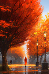 Silhouette of a woman in red walking in the park, autumn sunset illustration. Generative AI